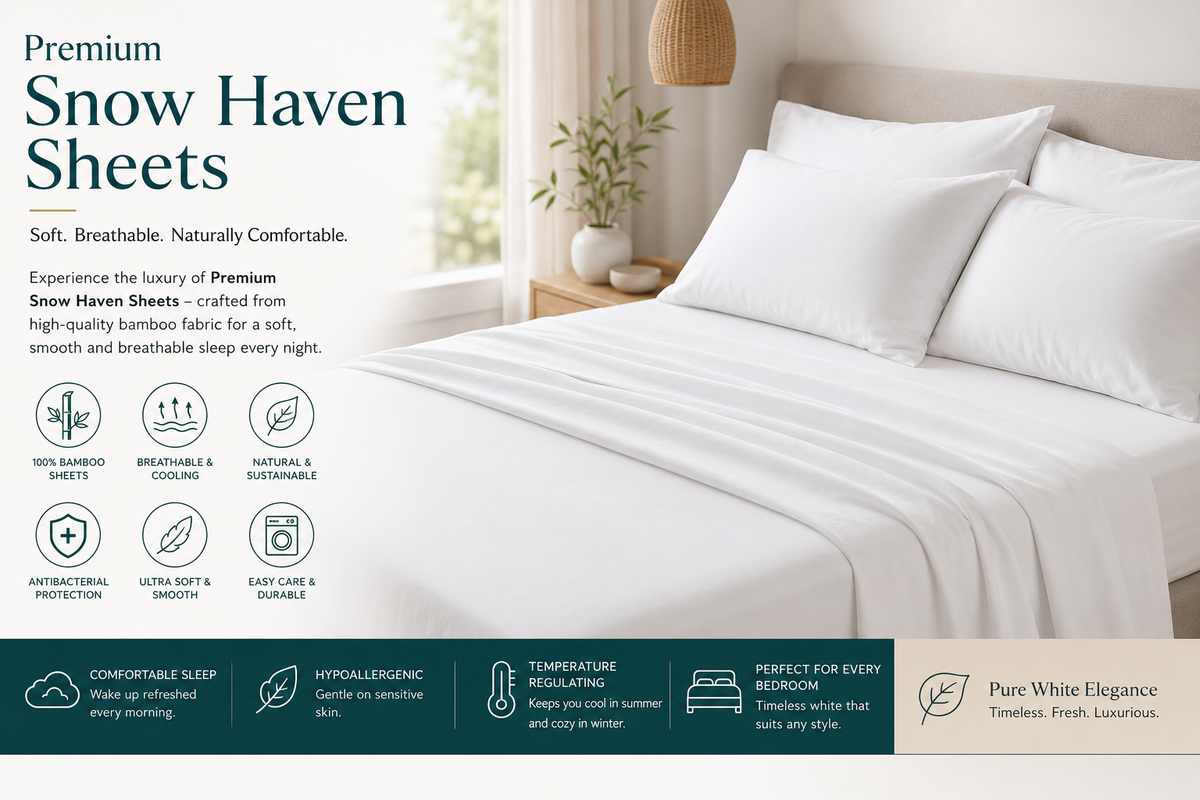 Premium Snow Haven sheets in pure white bamboo bedding